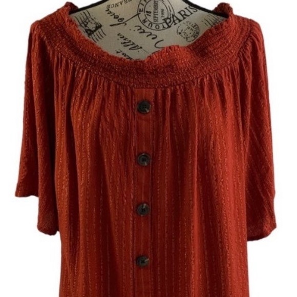 Crown & Ivy Blouse rust with gold threading elastic boat neck women’s XL - Picture 2 of 13